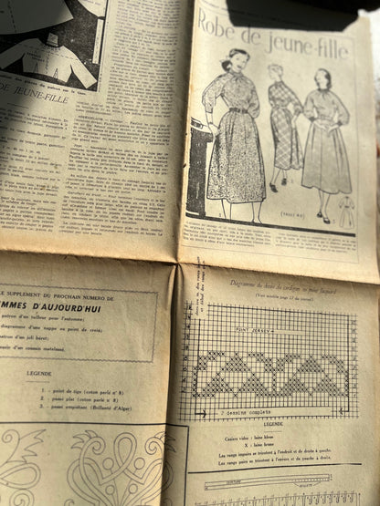 Dress and Needlework Patterns inAugust 1953 French Women's Magazine Femmes d'Aujourd'hui with Pattern