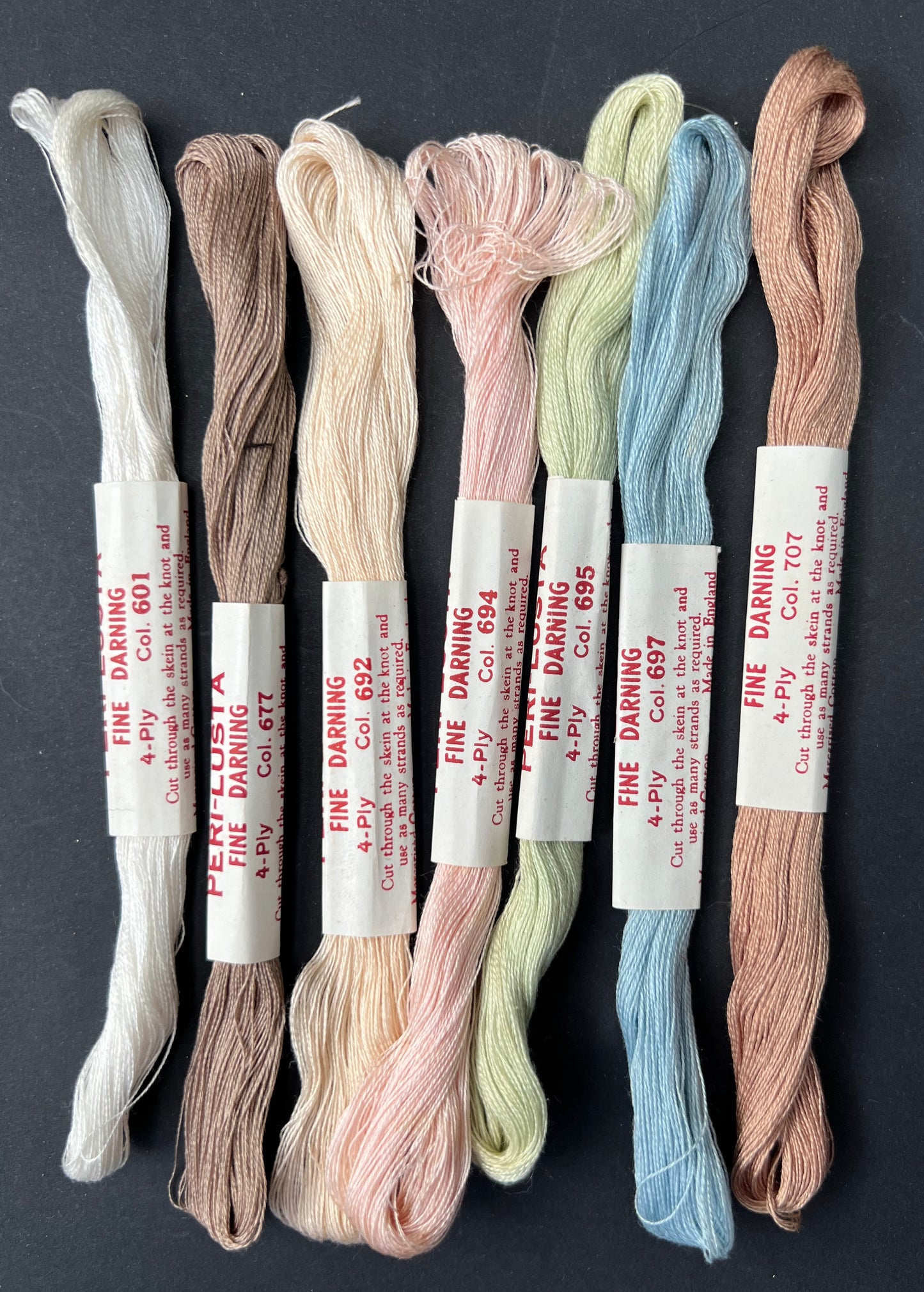 7 Different Colours of  Vintage PERI-LUSTA FINE DARNING Thread Set 4.
