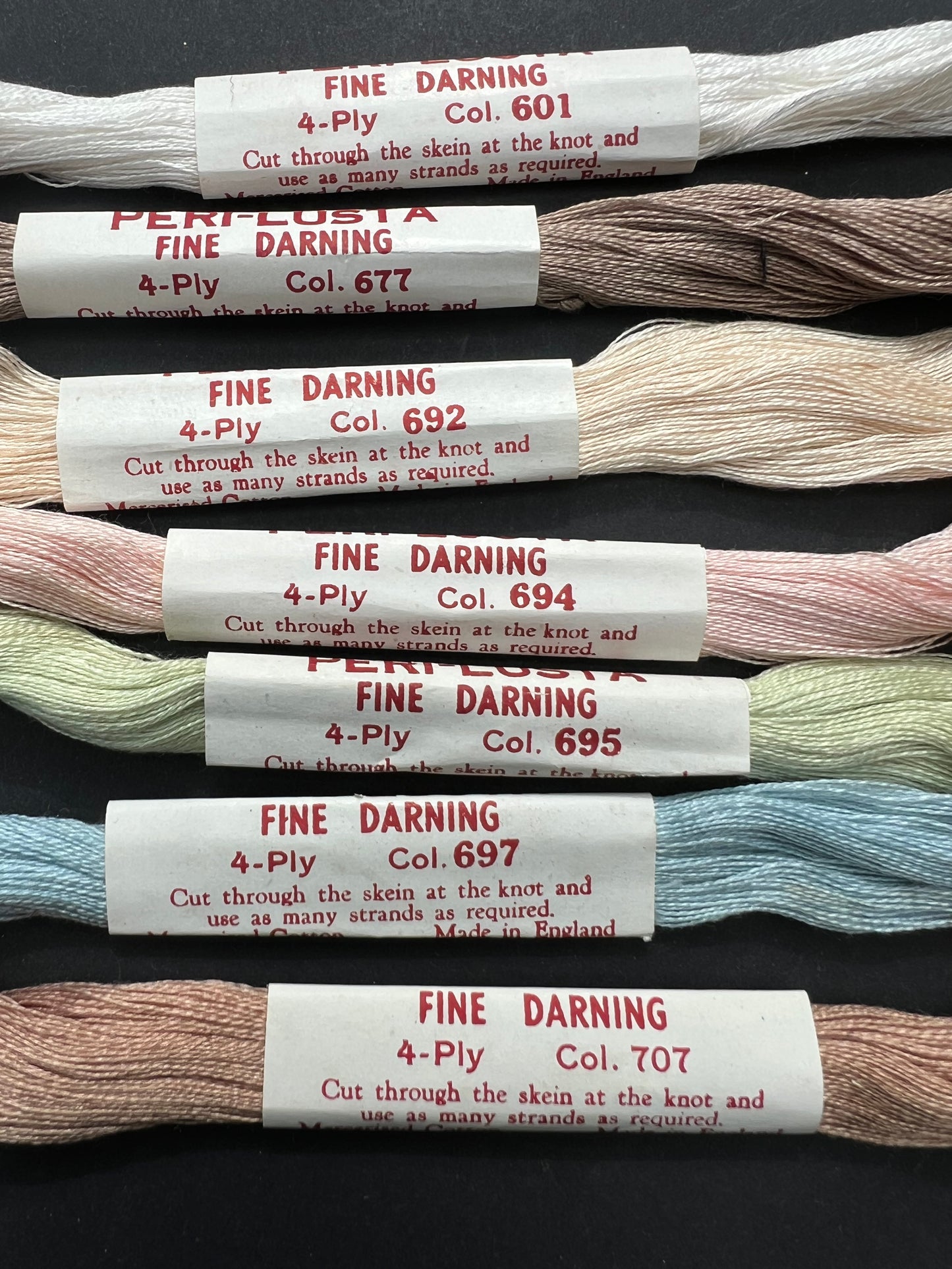 7 Different Colours of  Vintage PERI-LUSTA FINE DARNING Thread Set 4.