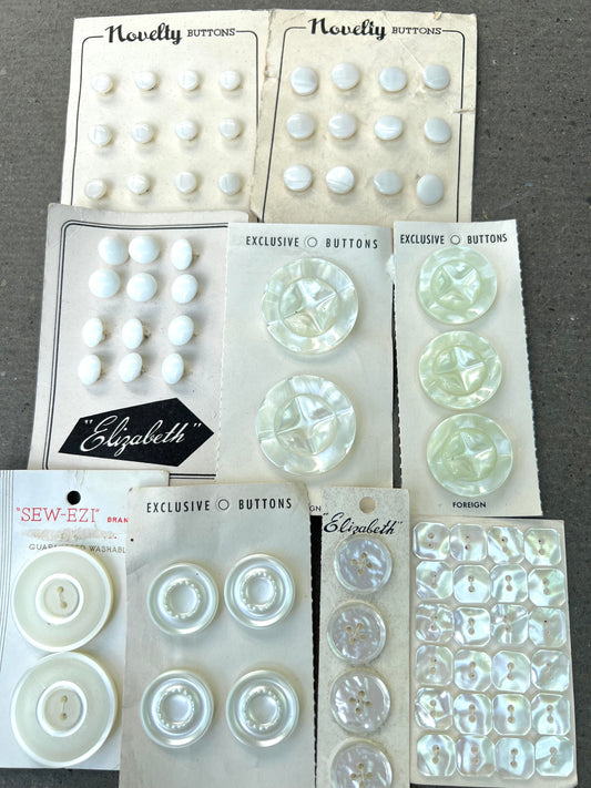 9 Sheets of Vintage Glass and Lucite White and Cream Buttons (N)