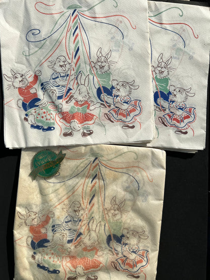 Delightful Rabbits Dancing Around a Maypole on 12 Vintage Paper Serviettes