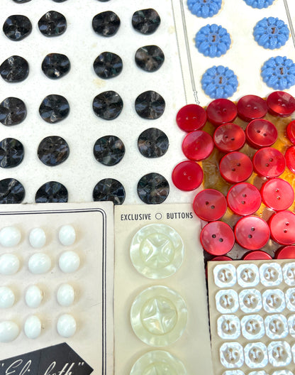 10 Sheets of Vintage Glass, Bakelite and Lucite Buttons (P)