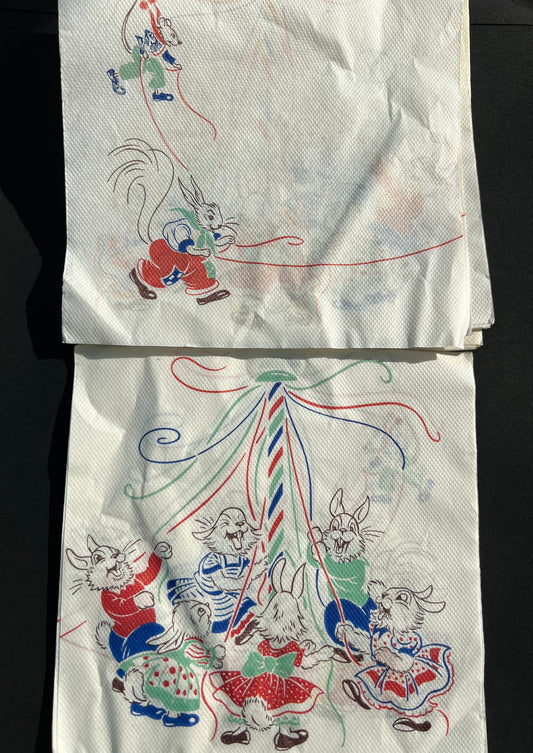 Delightful Rabbits Dancing Around a Maypole on 12 Vintage Paper Serviettes