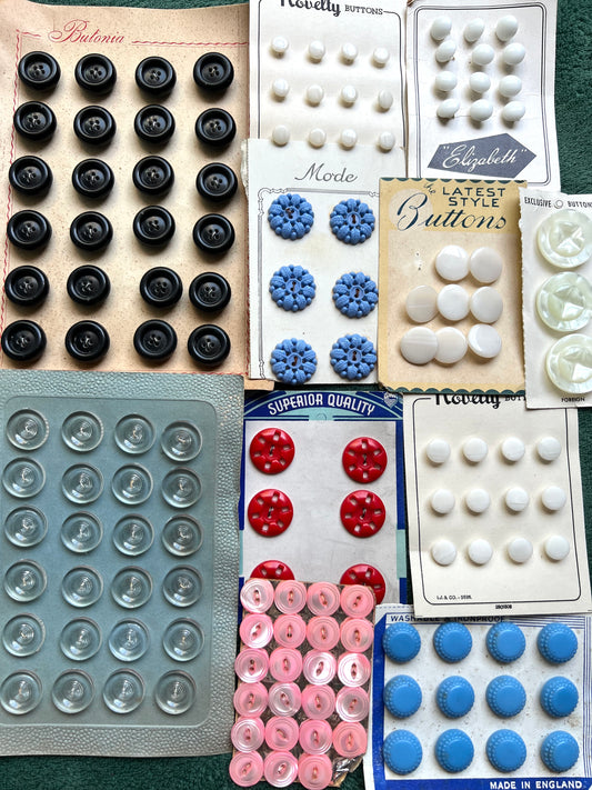 11 Sheets of Coloured + White Vintage Glass,Mother of Pearl and Lucite Buttons (V)
