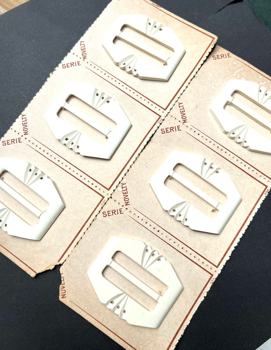 Wholesale Sheet of 6 Lively 1940s French 6cm White Belt Buckles for up to 4cm Belt