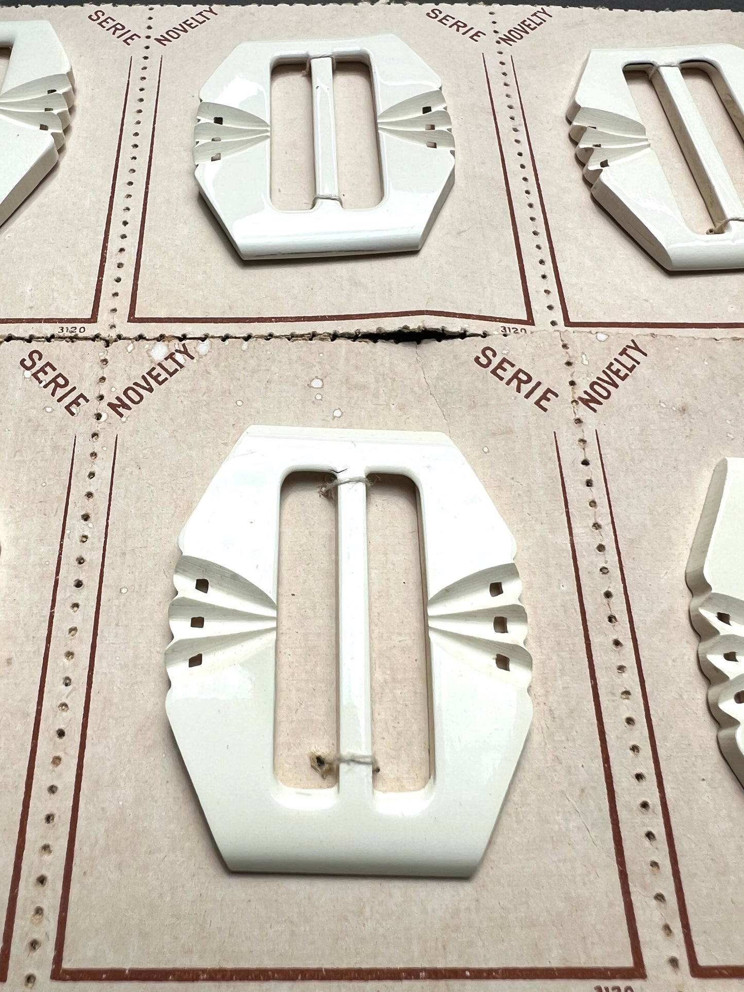Wholesale Sheet of 6 Lively 1940s French 6cm White Belt Buckles for up to 4cm Belt
