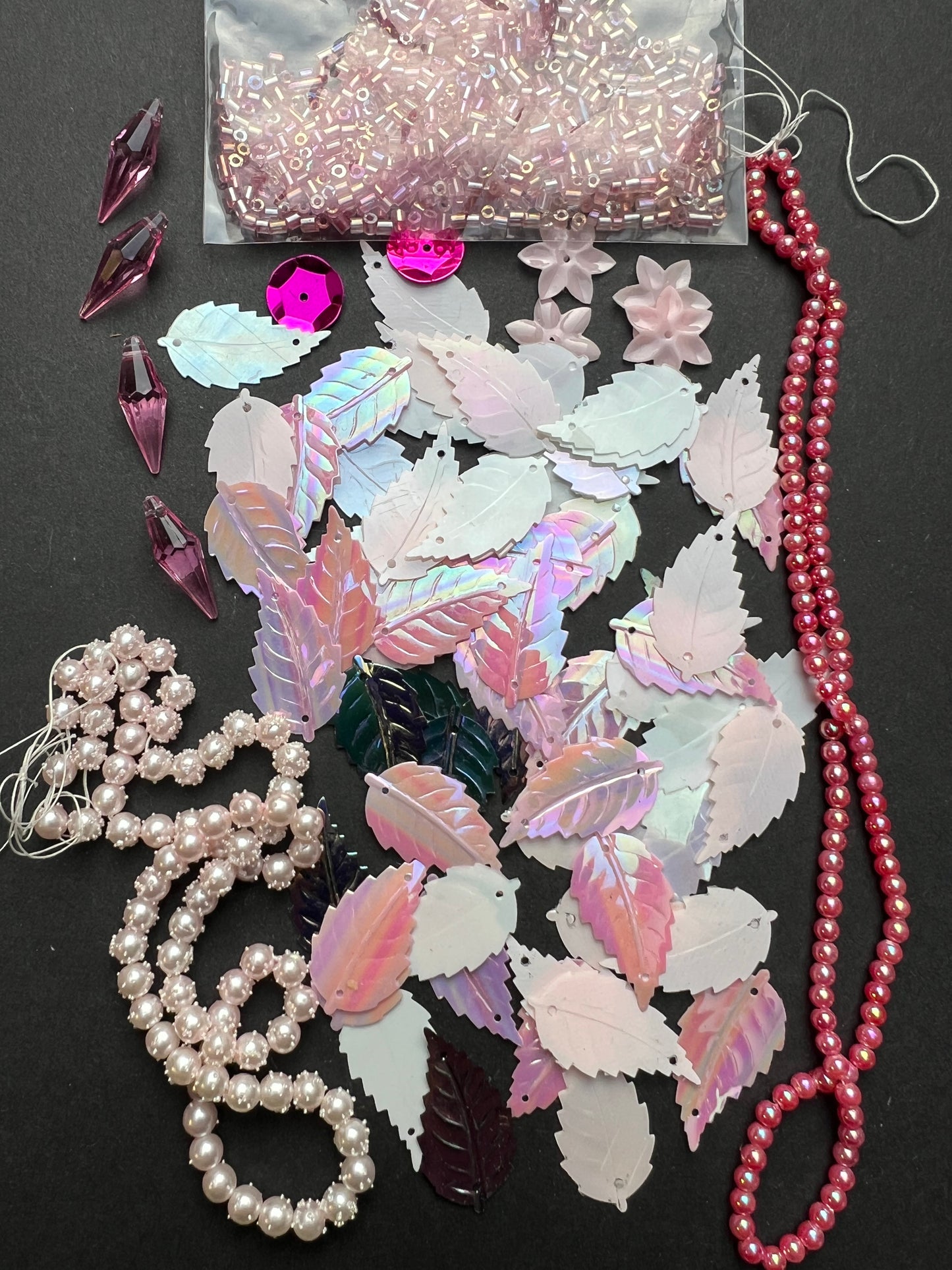 Pink Vintage Craft Pack Including Swarovski Glass Beads and Leaf Sequins