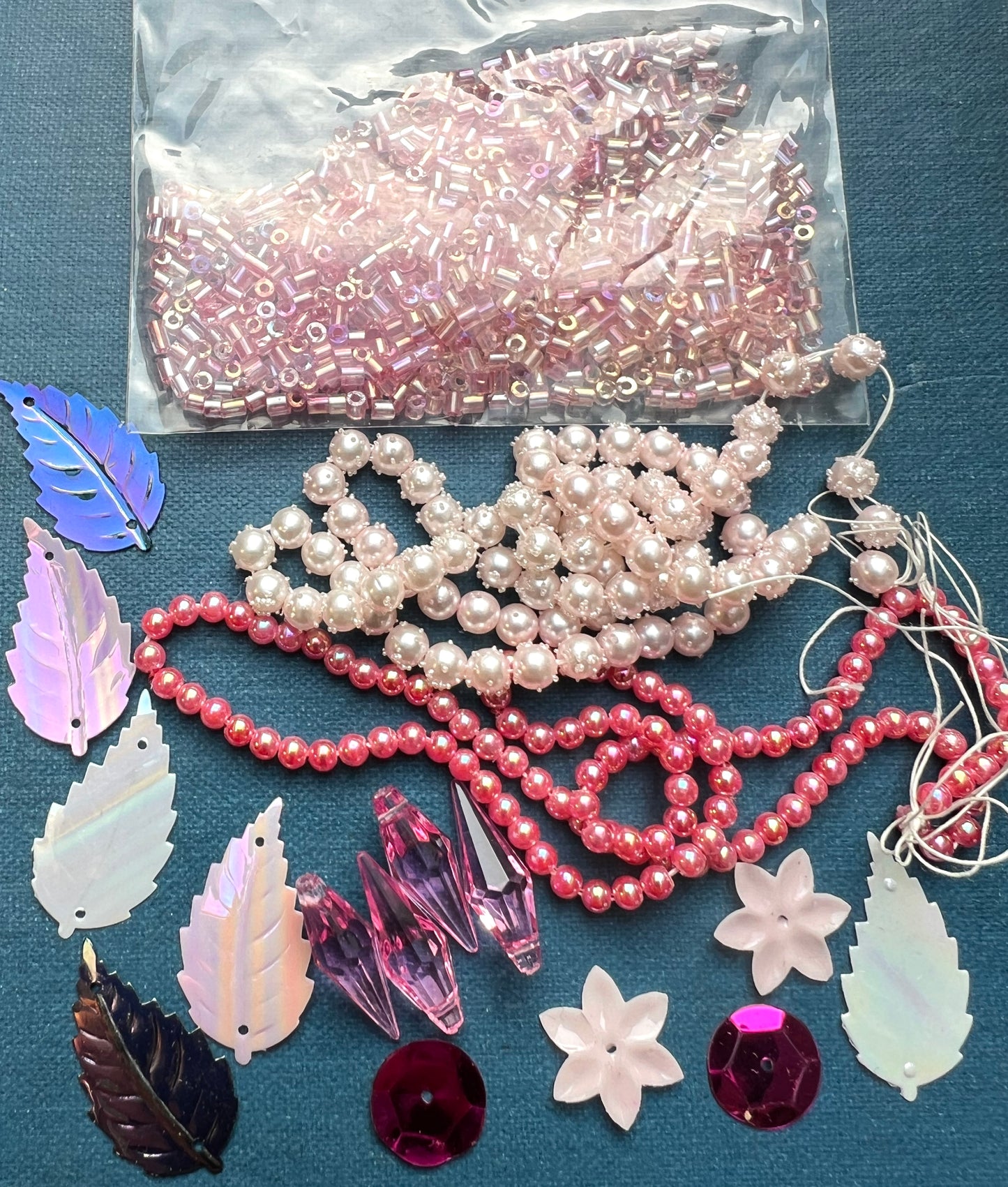 Pink Vintage Craft Pack Including Swarovski Glass Beads and Leaf Sequins