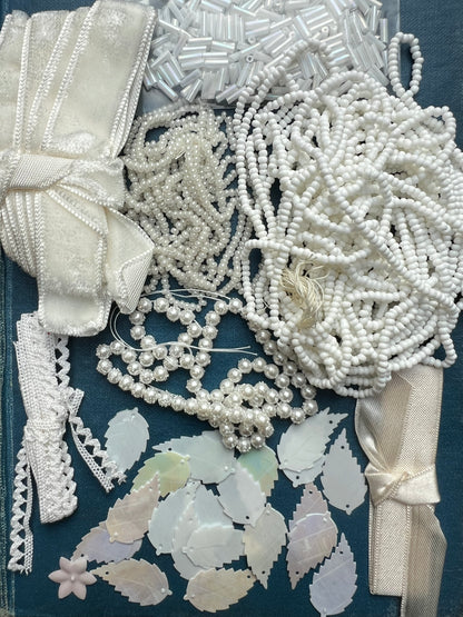 White Vintage Craft Pack Incl. Glass Beads, Leaf Sequins and Trim