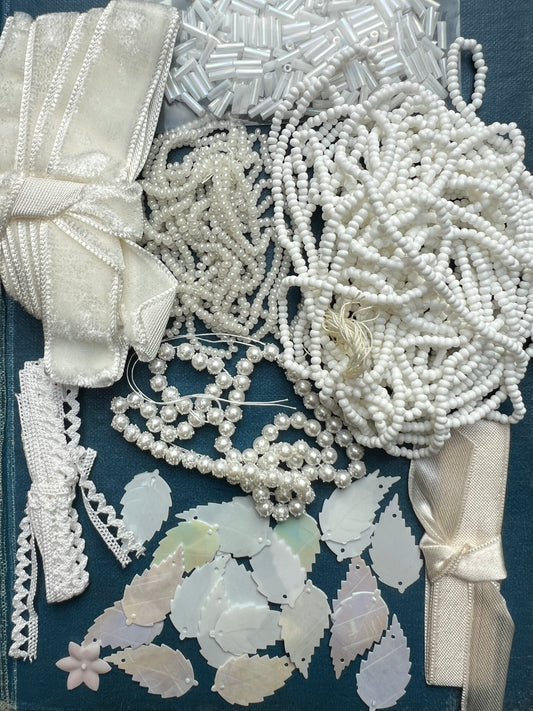 White Vintage Craft Pack Incl. Glass Beads, Leaf Sequins and Trim