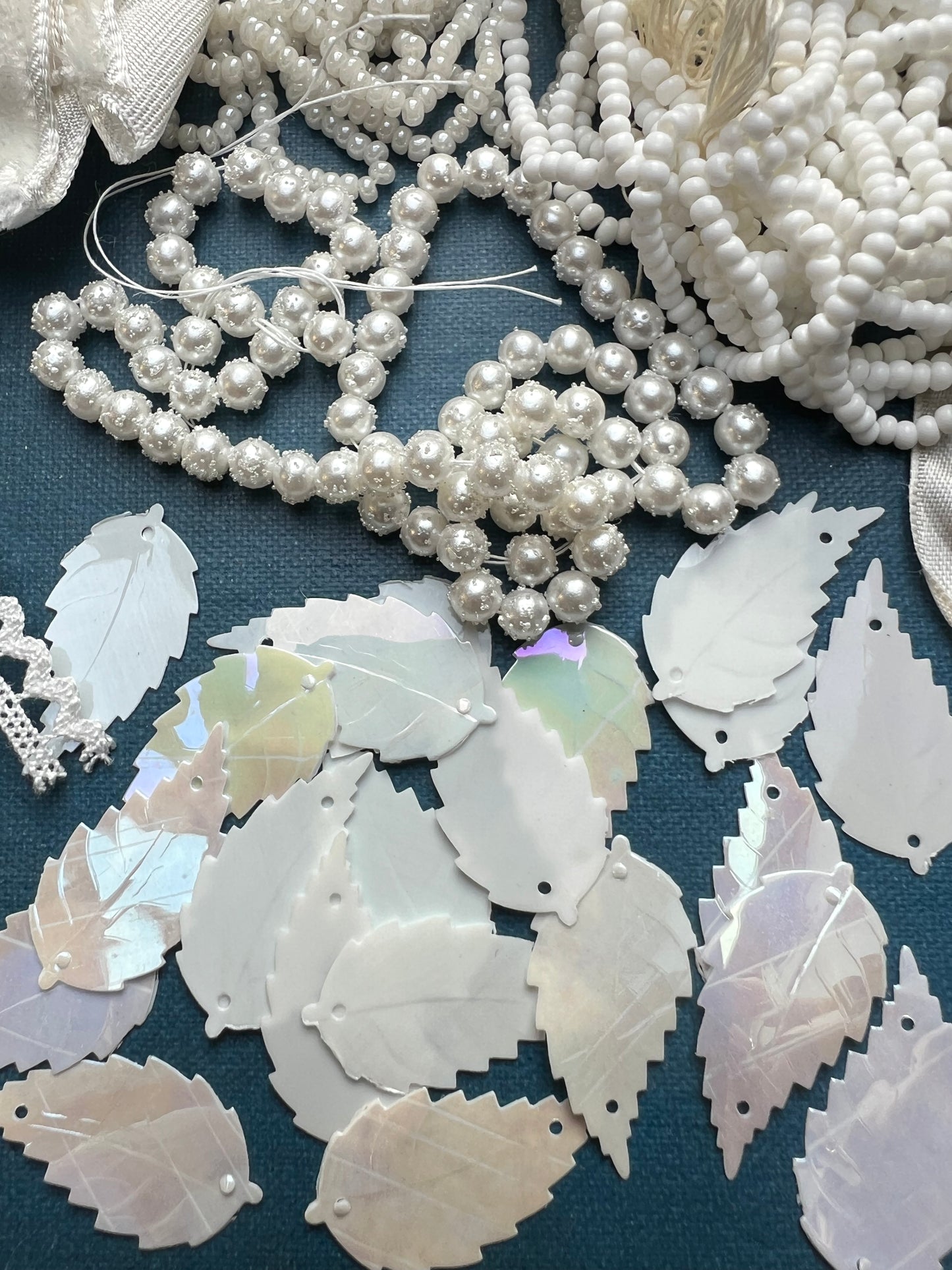 White Vintage Craft Pack Incl. Glass Beads, Leaf Sequins and Trim