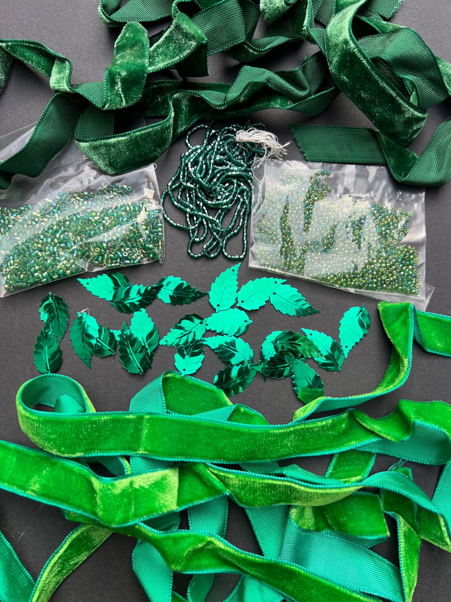 Green Vintage Craft Pack Including Glass Beads, Velvet Trim and Leaf Sequins