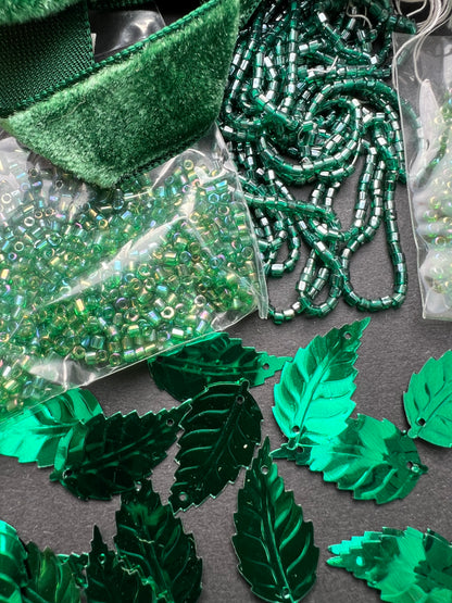 Green Vintage Craft Pack Including Glass Beads, Velvet Trim and Leaf Sequins