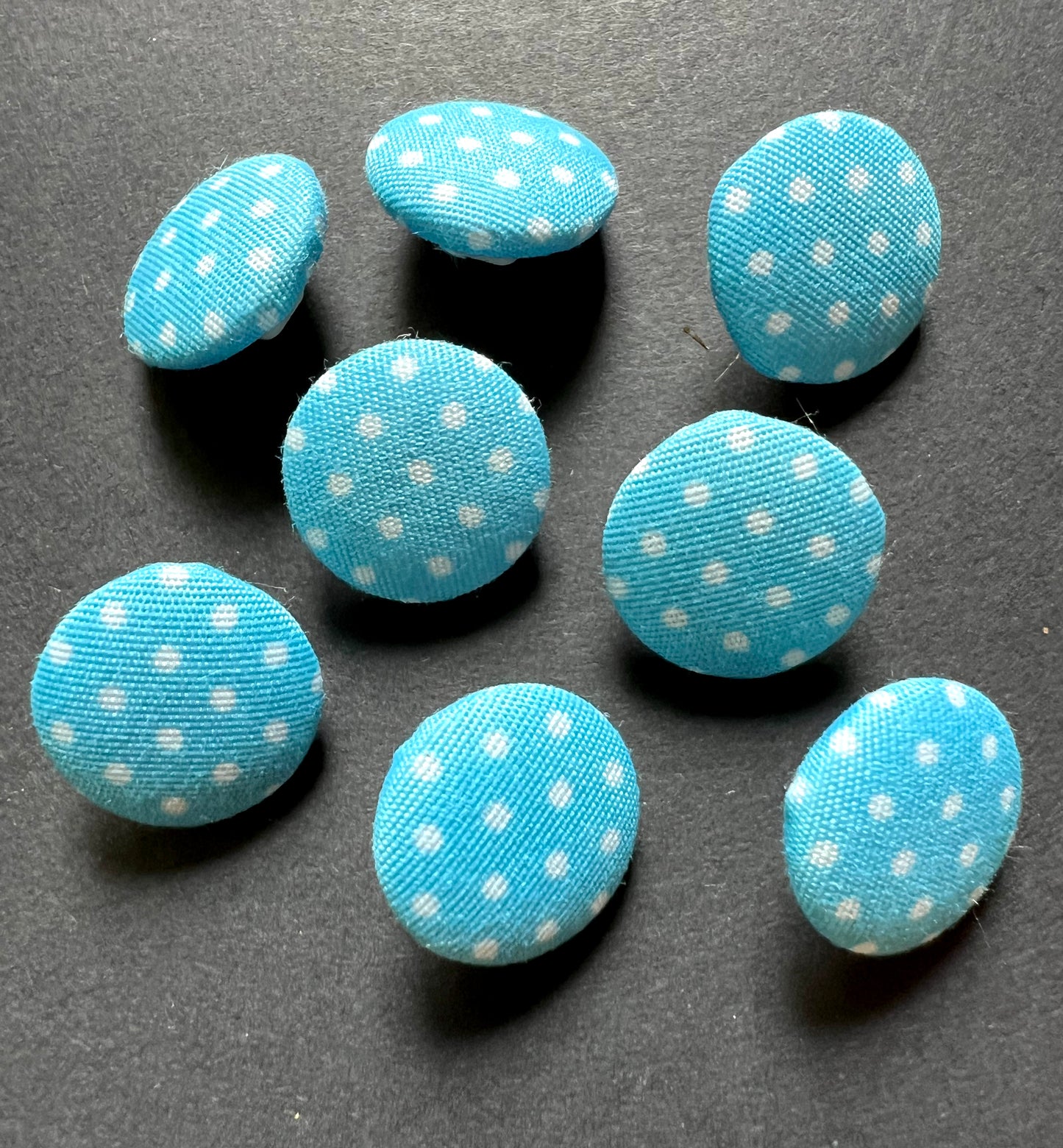 8 Blue Spotty Fabric Covered 1.5cm Buttons