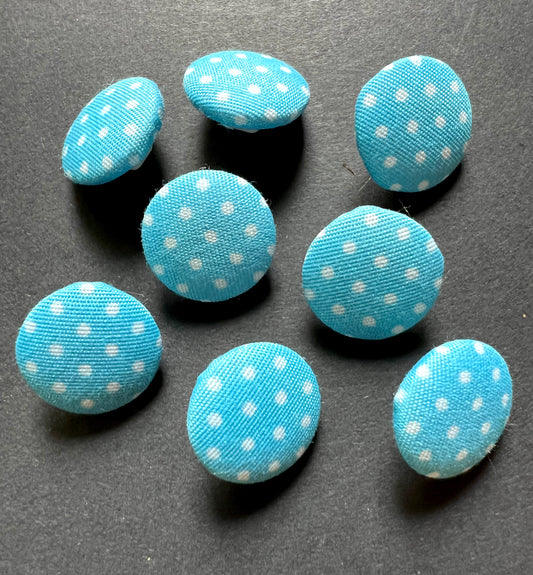 8 Blue Spotty Fabric Covered 1.5cm Buttons