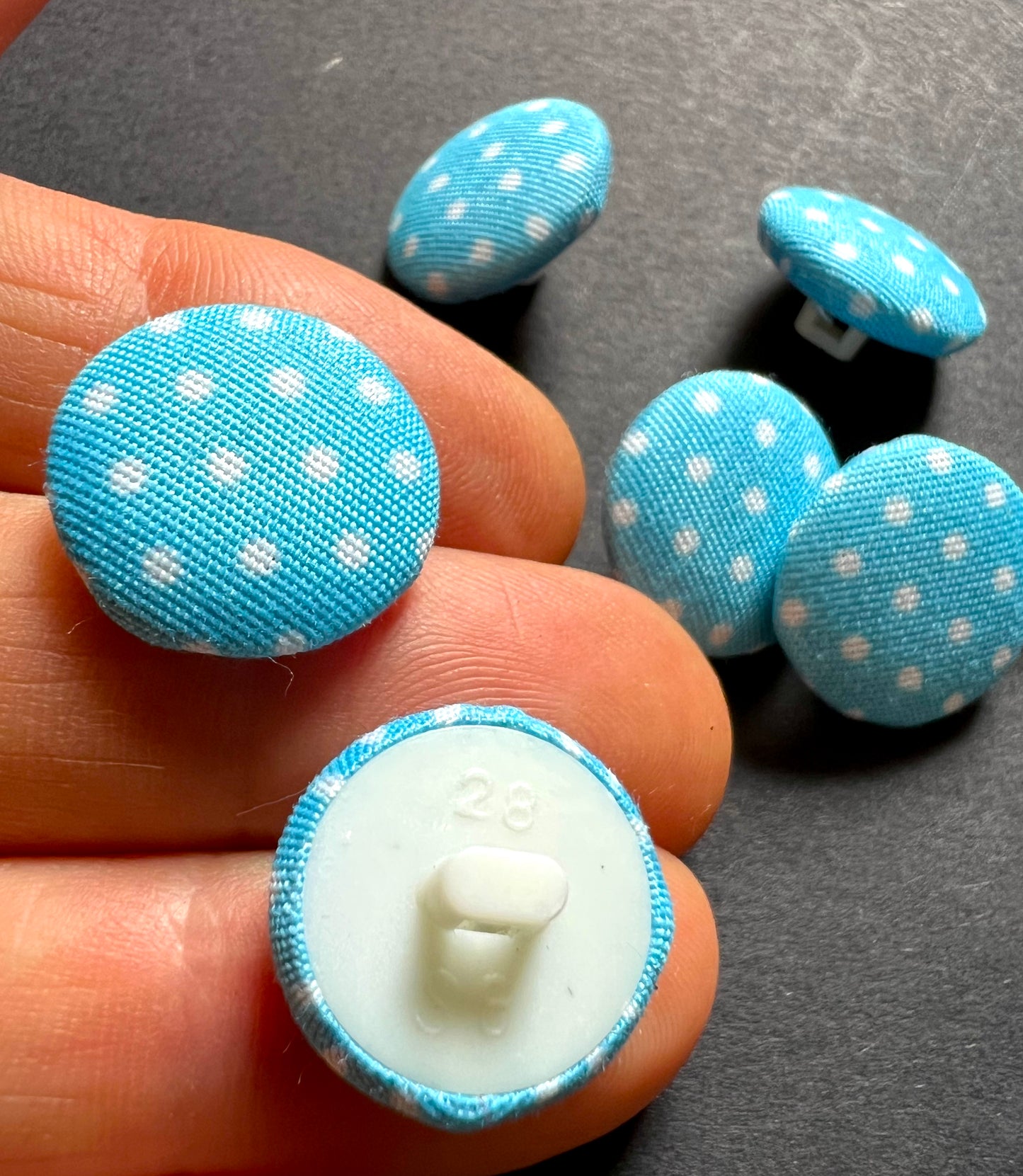 8 Blue Spotty Fabric Covered 1.5cm Buttons