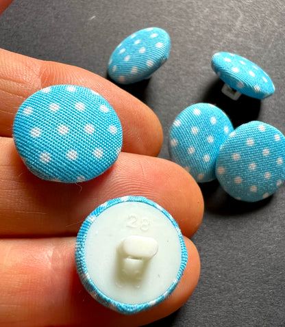 8 Blue Spotty Fabric Covered 1.5cm Buttons