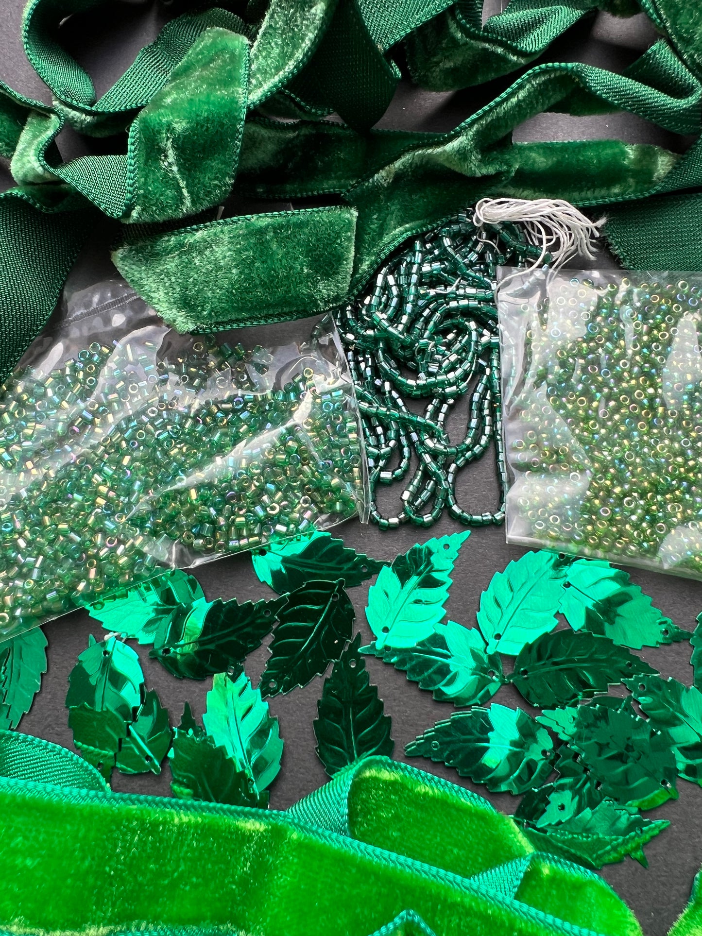 Green Vintage Craft Pack Including Glass Beads, Velvet Trim and Leaf Sequins