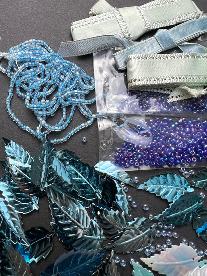 Blue Vintage Craft Pack Incl. Glass Beads, Ribbon and Leaf Sequins