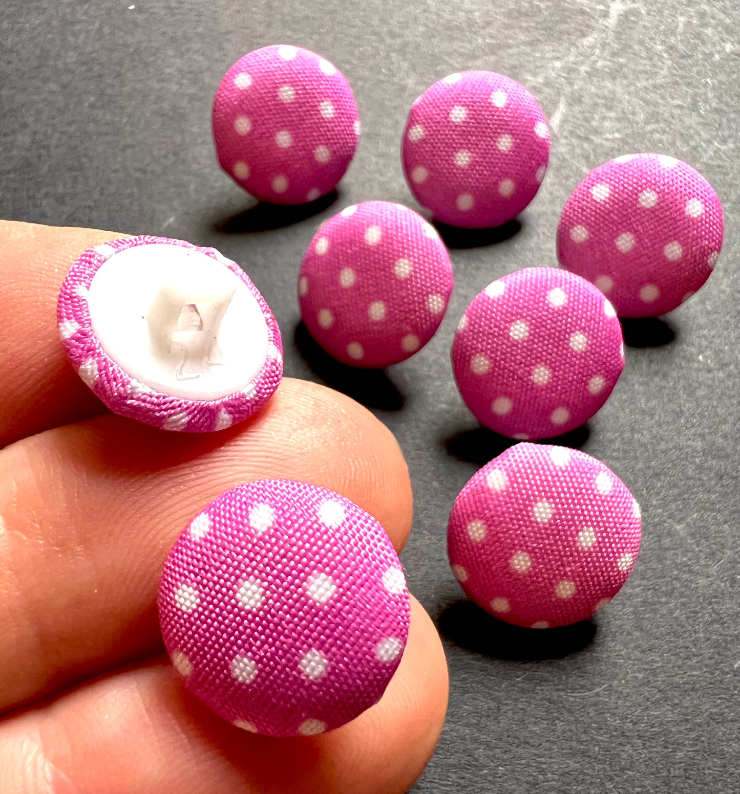 8 Light Pink Spotty Fabric Covered 1.5cm Buttons