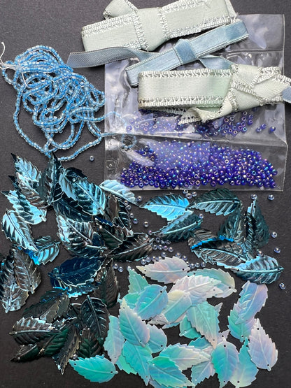 Blue Vintage Craft Pack Incl. Glass Beads, Ribbon and Leaf Sequins