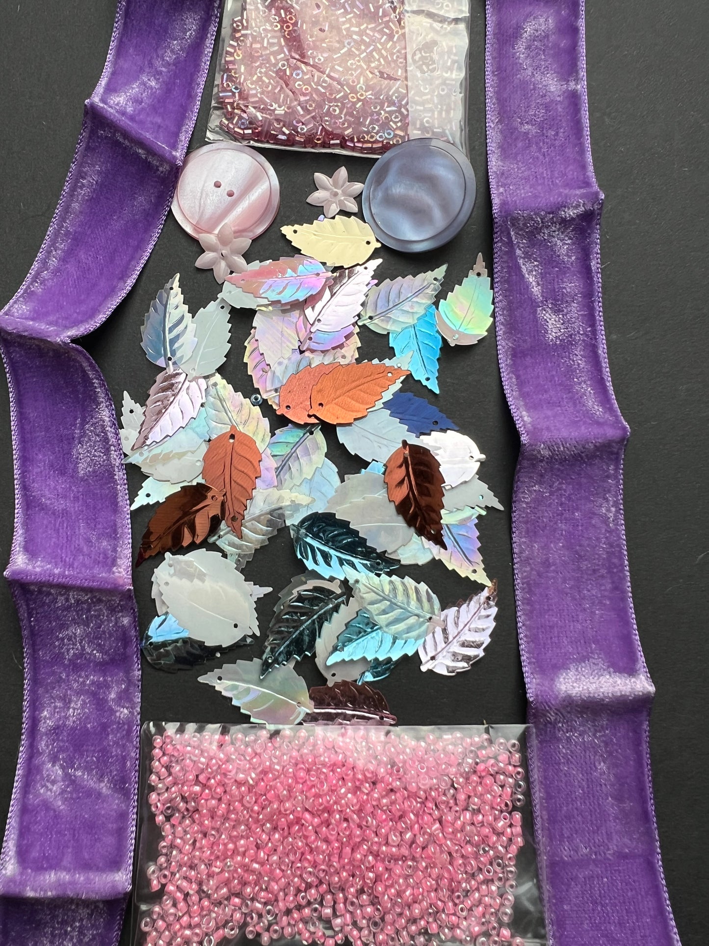 Pink + Purple Vintage Craft Pack Incl Vintage Glass Seed + Bugle Beads, Leaf Sequins + Velvet Trim