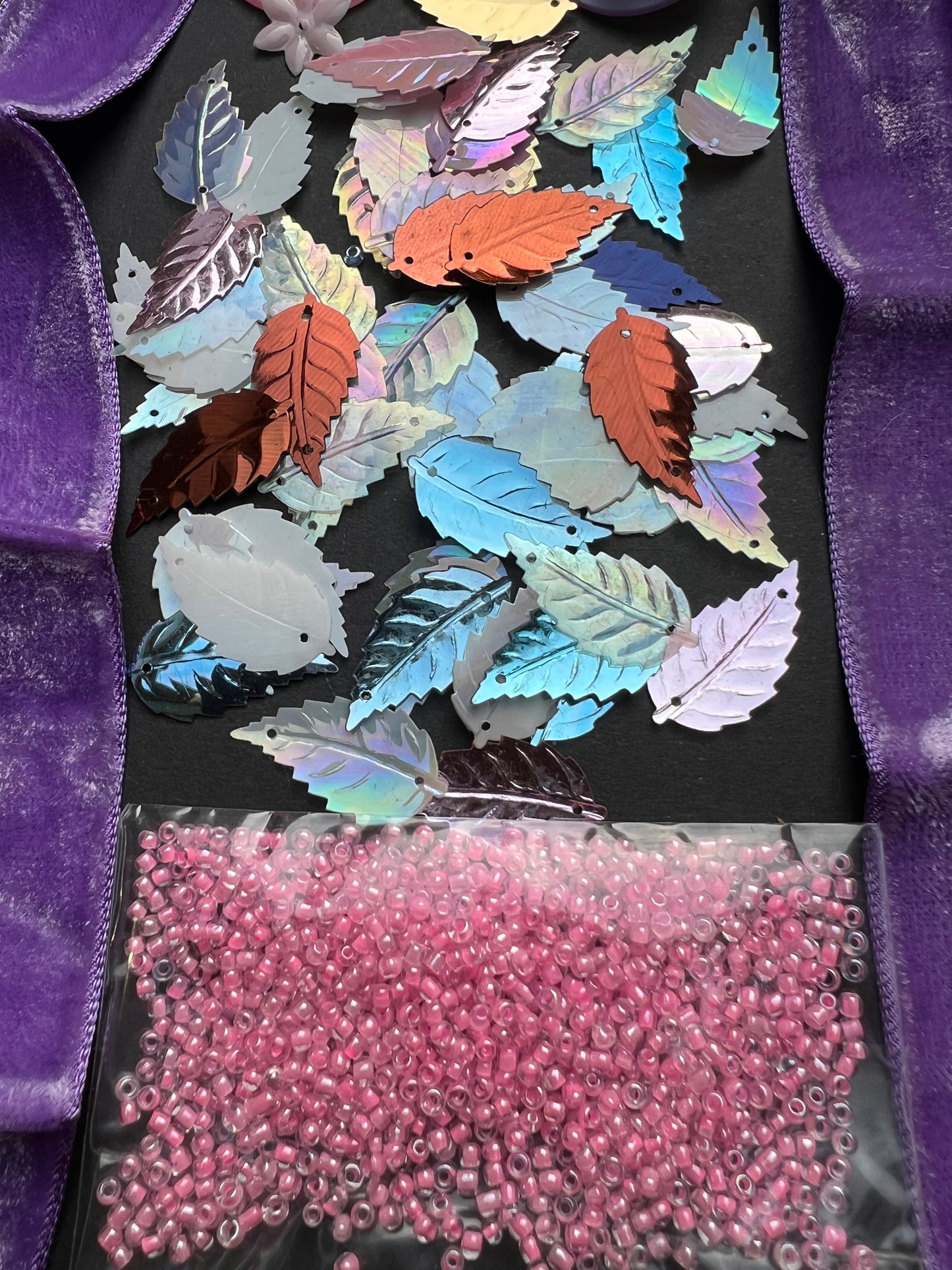 Pink + Purple Vintage Craft Pack Incl Vintage Glass Seed + Bugle Beads, Leaf Sequins + Velvet Trim