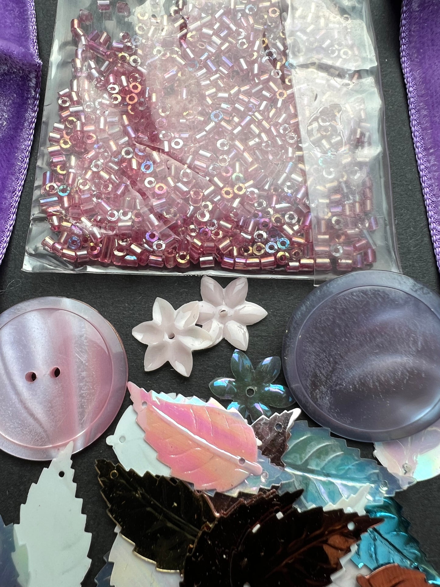 Pink + Purple Vintage Craft Pack Incl Vintage Glass Seed + Bugle Beads, Leaf Sequins + Velvet Trim