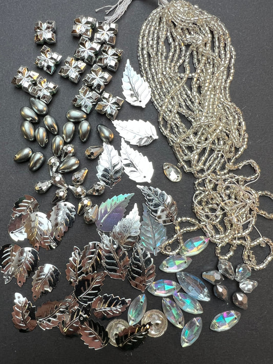 Silver Vintage Craft Pack Incl. Vintage Swarovski Glass Beads, Leaf Sequins and Cabochons