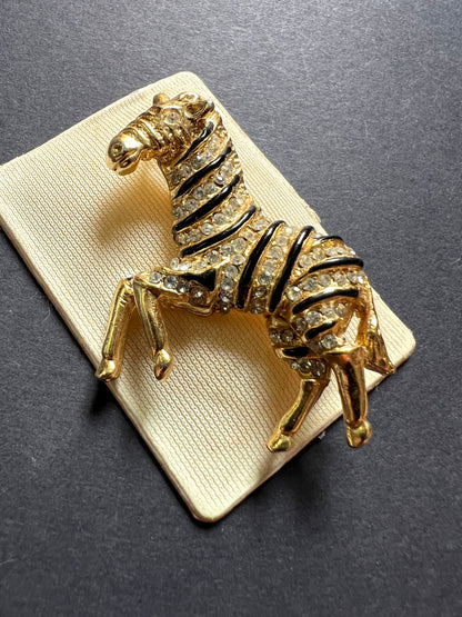 Sparkly 1980s Zebra Crystal Encrusted Zebra Brooch