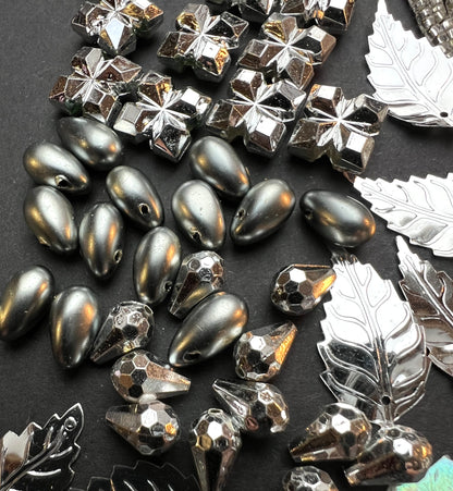 Silver Vintage Craft Pack Incl. Vintage Swarovski Glass Beads, Leaf Sequins and Cabochons