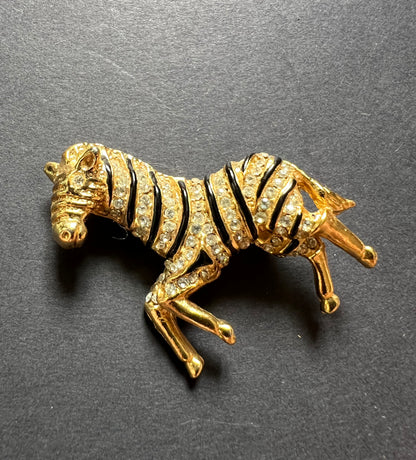 Sparkly 1980s Zebra Crystal Encrusted Zebra Brooch