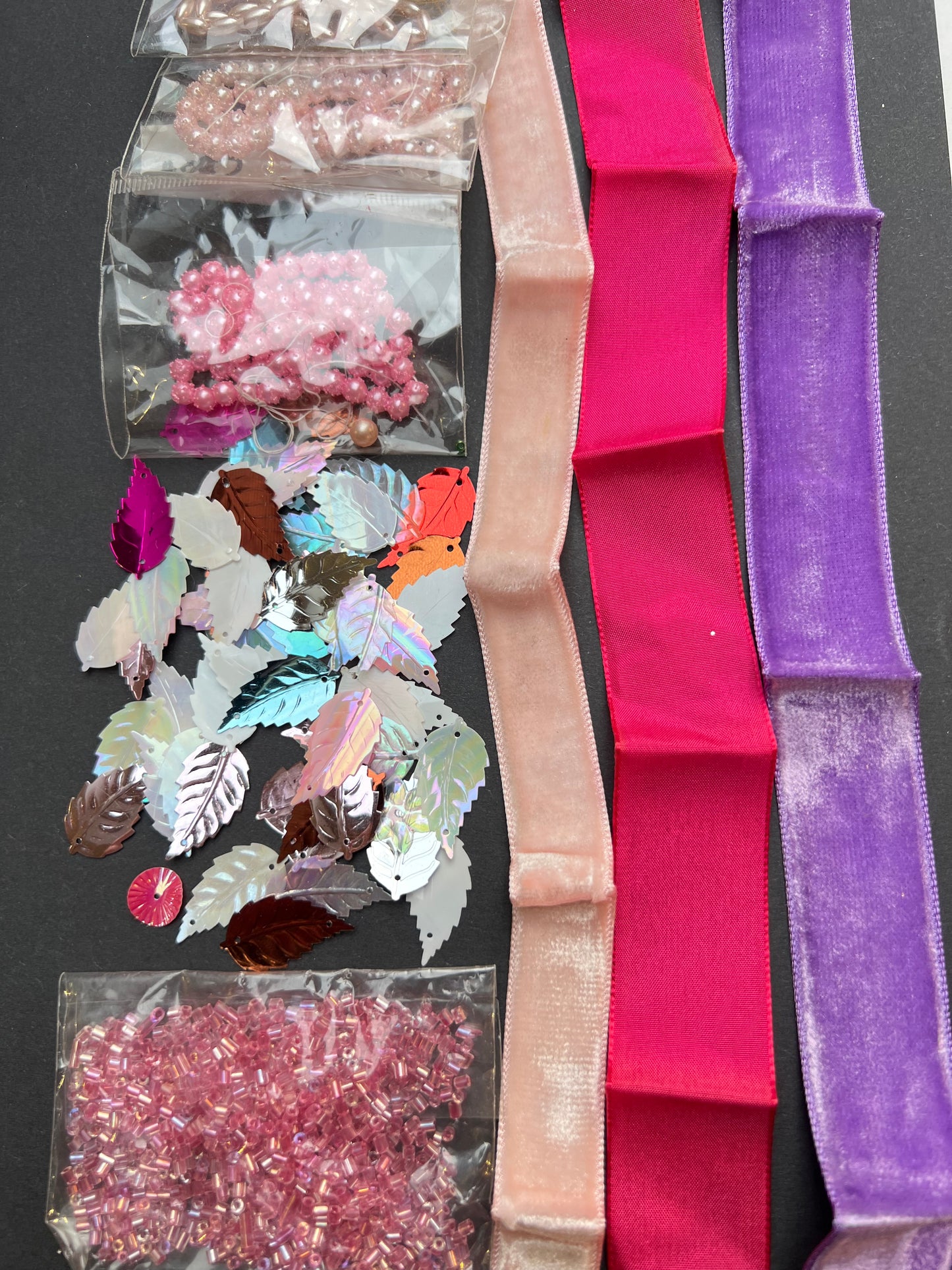 Pink + Purple Vintage Craft Pack Including Vintage Glass Seed + Bugle Beads, Leaf Sequins and Trim