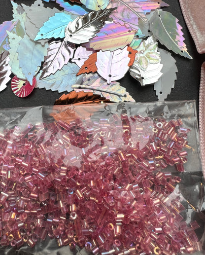 Pink + Purple Vintage Craft Pack Including Vintage Glass Seed + Bugle Beads, Leaf Sequins and Trim