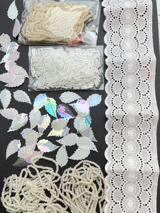 White Vintage Craft Pack Including Vintage Glass Seed + Bugle Beads, Leaf Sequins and Trim