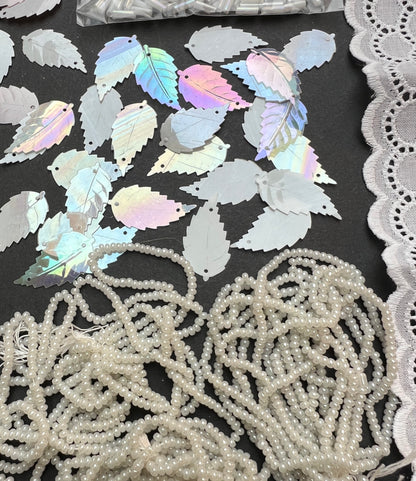 White Vintage Craft Pack Including Vintage Glass Seed + Bugle Beads, Leaf Sequins and Trim