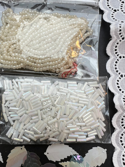 White Vintage Craft Pack Including Vintage Glass Seed + Bugle Beads, Leaf Sequins and Trim