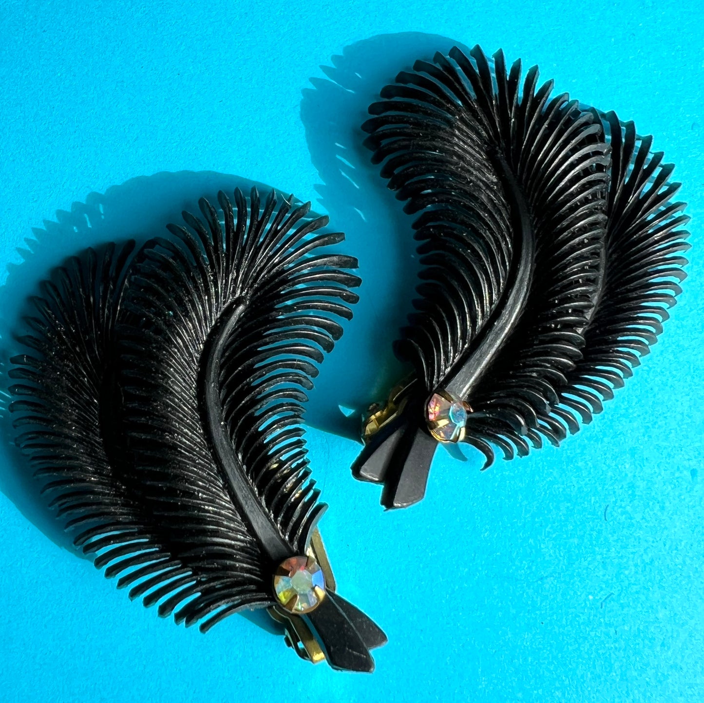 Burlesque Black Feather and Diamante Vintage Clip-on Earrings