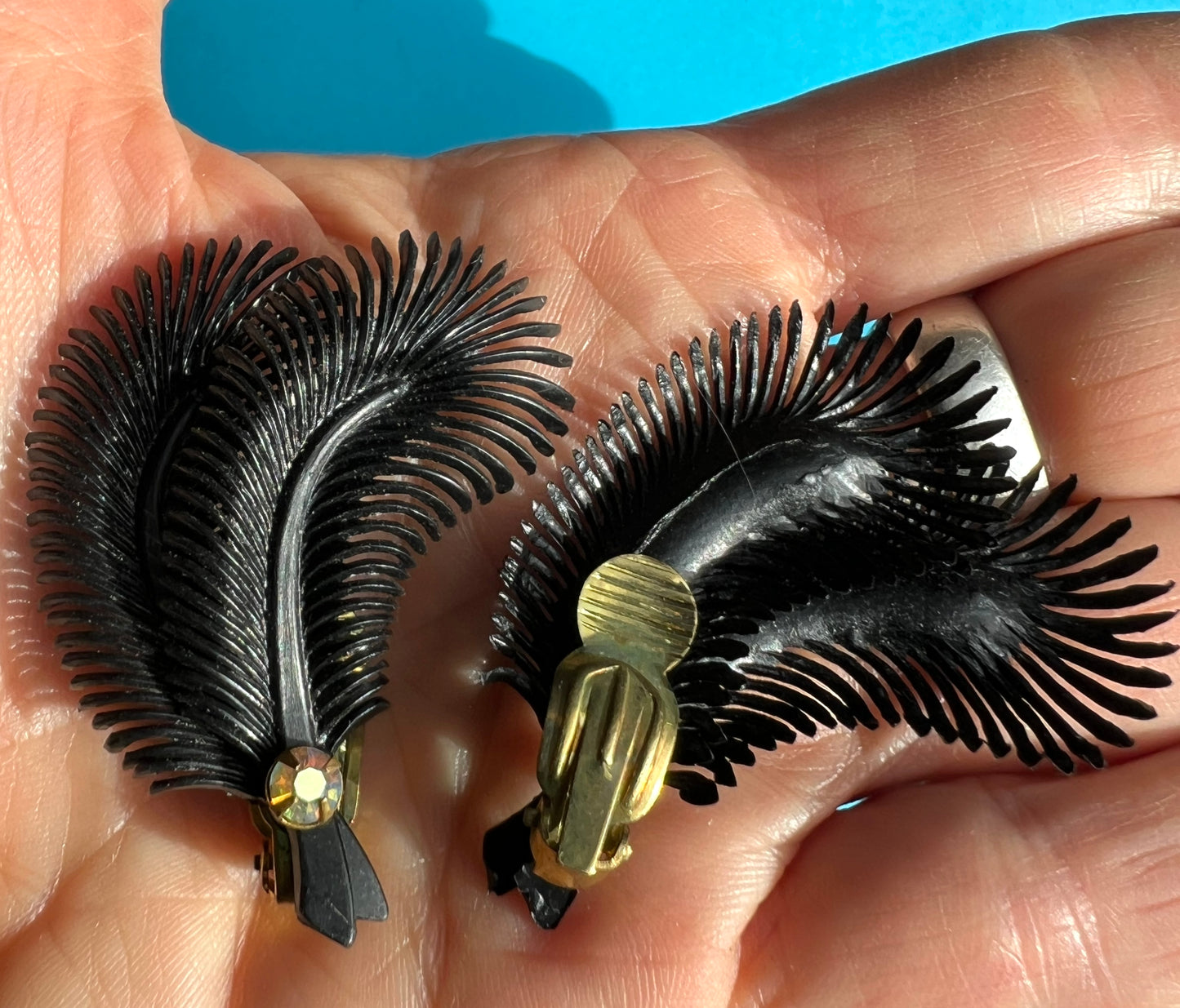 Burlesque Black Feather and Diamante Vintage Clip-on Earrings