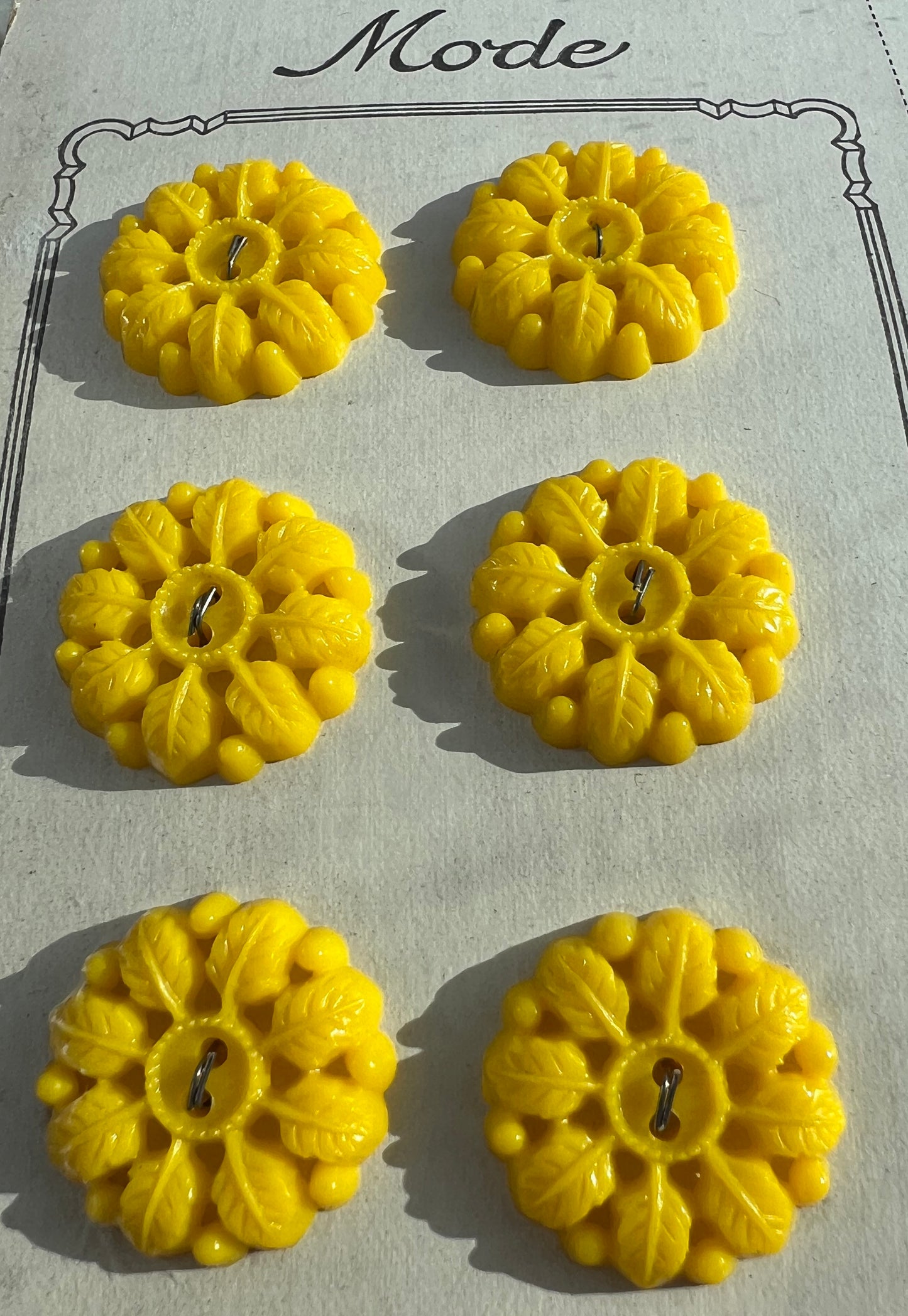 Wonderfully Leafy Vintage Yellow 2.2cm Buttons - 6 on Original Shop Card