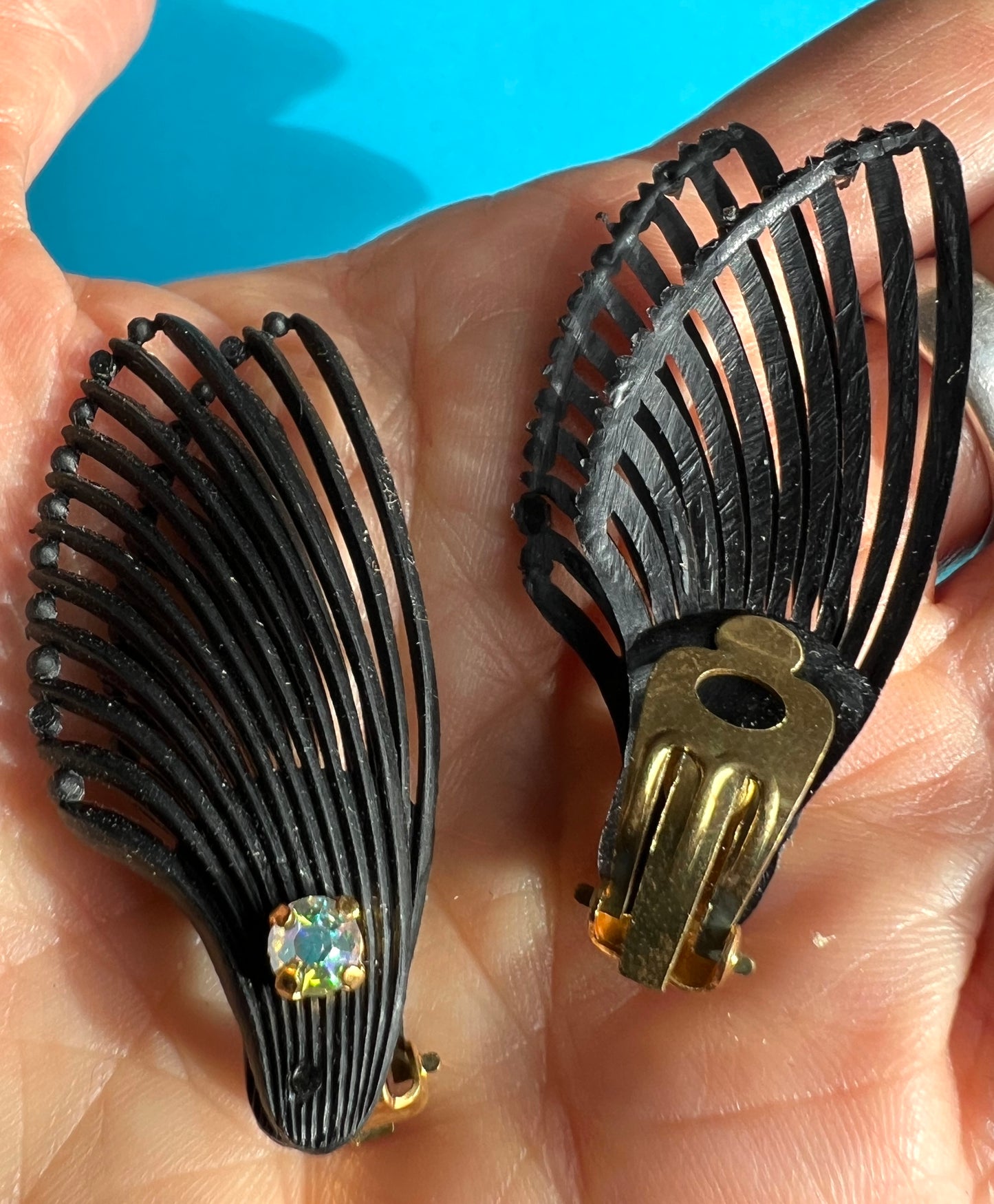 Diamante & Double Wing Vintage Black Clip-on Earrings