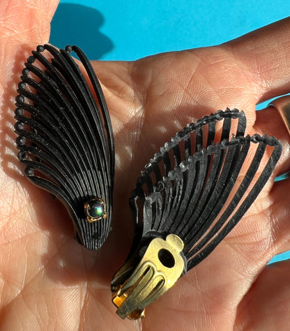 Iridescent Bead  & Double Wing Black Vintage Clip-on Earrings