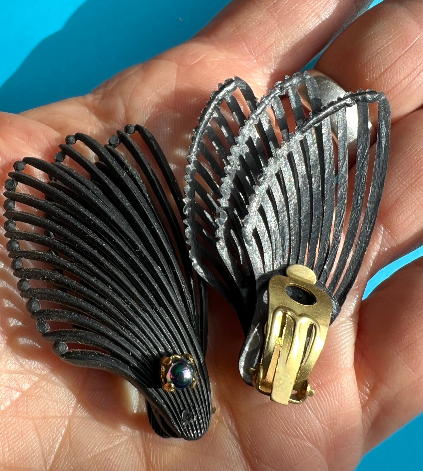 Triple Wing & Iridescent Green Blue Bead Vintage 1950s Black Clip-on Earrings