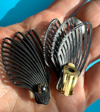 Triple Wing & Iridescent Green Blue Bead Vintage 1950s Black Clip-on Earrings