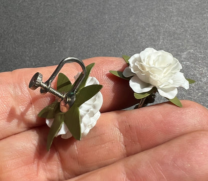 Little White Flower Celluloid Vintage Screw Clip Earrings