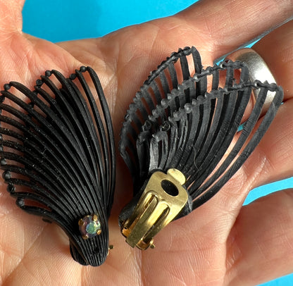 Triple Wing & Diamante Vintage 1950s Black Clip-on Earrings