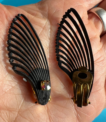 Black Diamante Centred Vintage 1950s Clip on Earrings