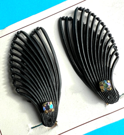 Diamante & Double Wing Vintage Black Clip-on Earrings