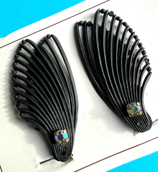 Diamante & Double Wing Vintage Black Clip-on Earrings