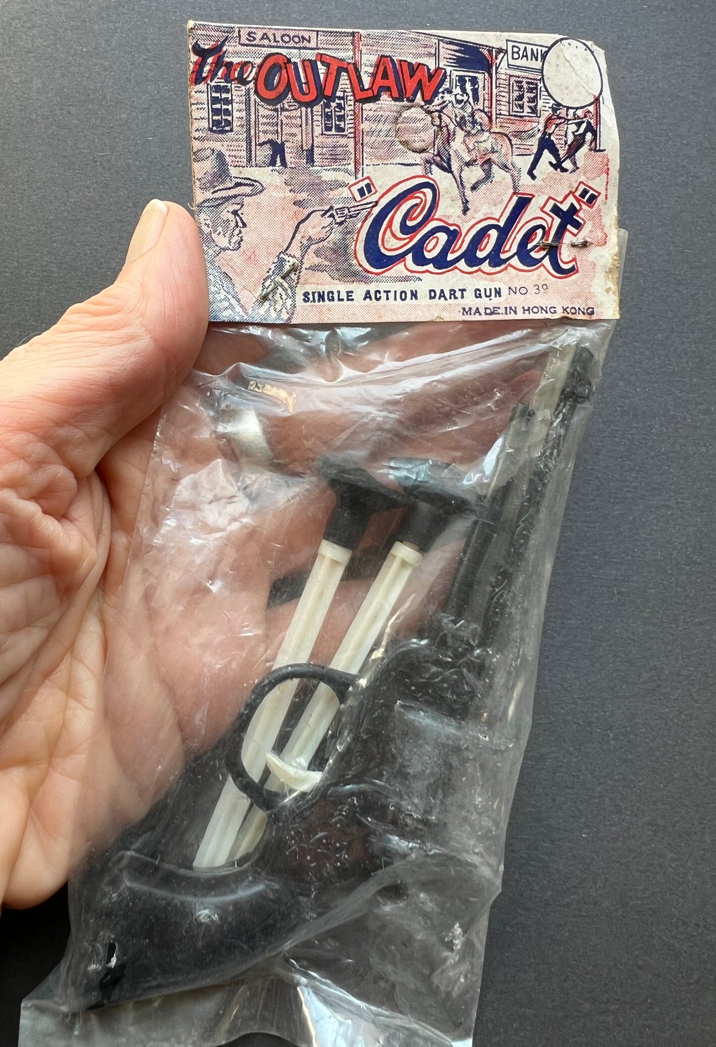 1950s OUTLAW CADET Dart Gun Toy - Fantastic Cowboy Label - Made in Hong Kong